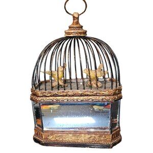 Vintage Trinket Storage Box Birdcage Birds & Mirrored Panels Flip Top READ